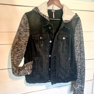 Free People black denim & sweatshirt hoodie crop jacket